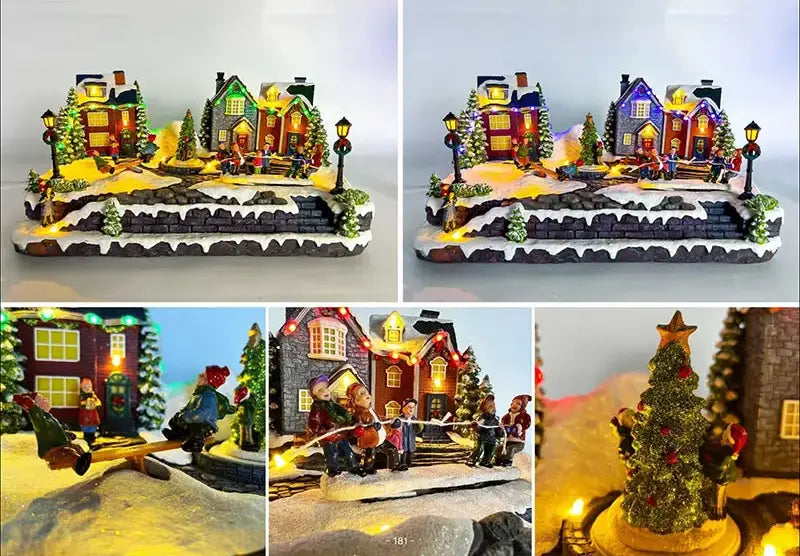 Christmas resin craft ornaments Christmas village scene with LED lights, kids moving tug-of-war, kids playing seesaw, kids christmas tree spinning function