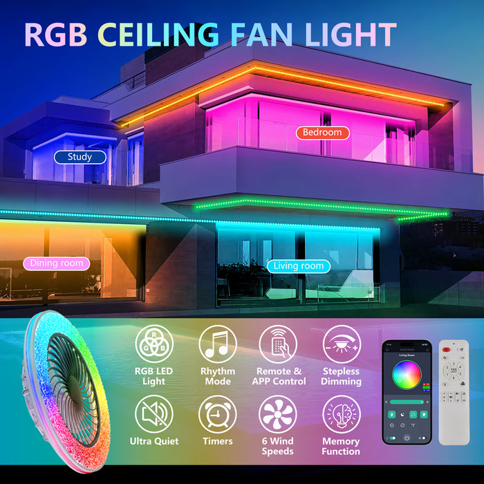 23" RGB Ceiling Fan with LED Light, 6-Speed Reversible, App/Remote Control