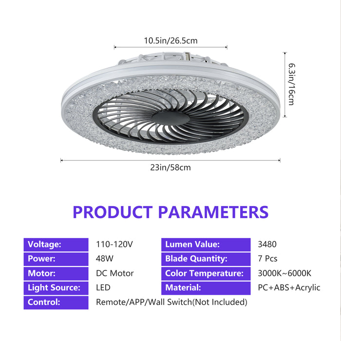 23" RGB Ceiling Fan with LED Light, 6-Speed Reversible, App/Remote Control