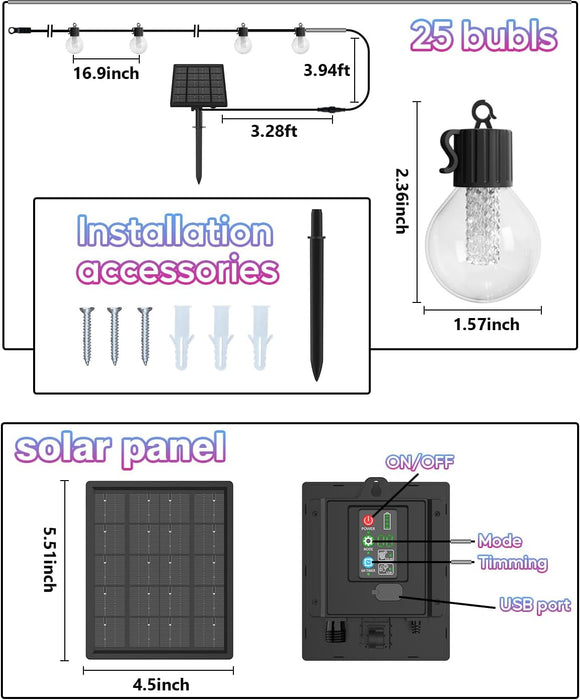 Solar String Lights Outdoor Warm White & Multicolor Hanging Lights G40 Globe 50FT 25LEDs