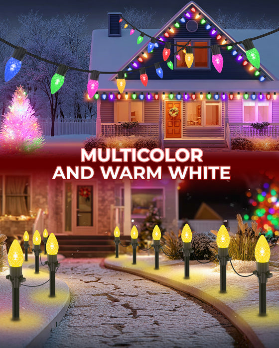 2-in-1 Solar C9 LED Christmas Lights 50FT 25 LED with Ground Stakes & Hanging Design