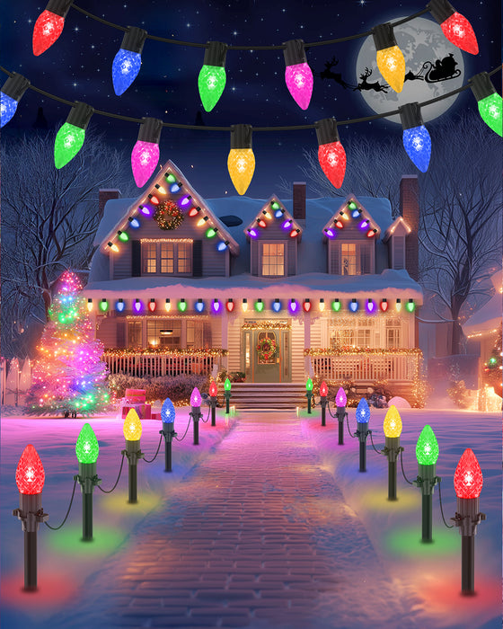 2-in-1 Solar C9 LED Christmas Lights 50FT 25 LED with Ground Stakes & Hanging Design