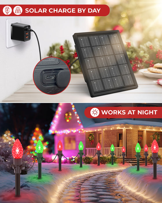 2-in-1 Solar C9 LED Christmas Lights 50FT 25 LED with Ground Stakes & Hanging Design