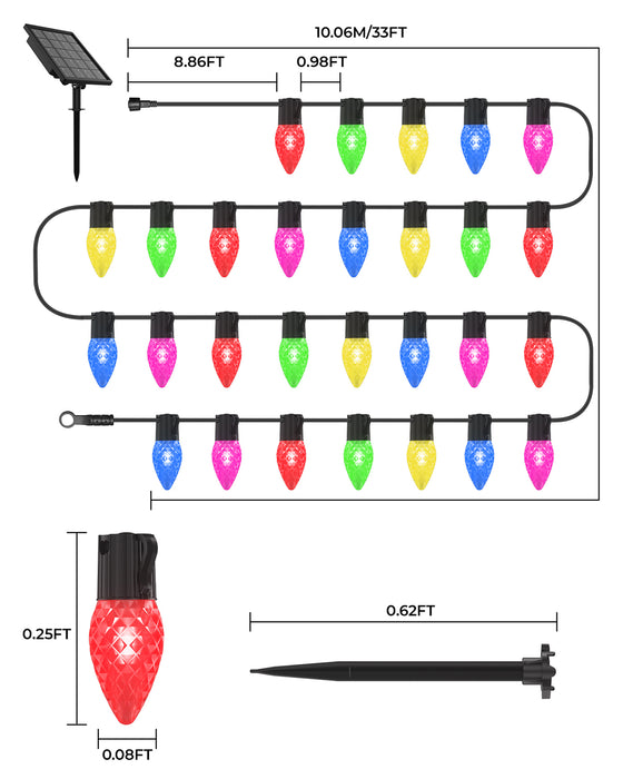 2-in-1 Solar C9 LED Christmas Lights 50FT 25 LED with Ground Stakes & Hanging Design