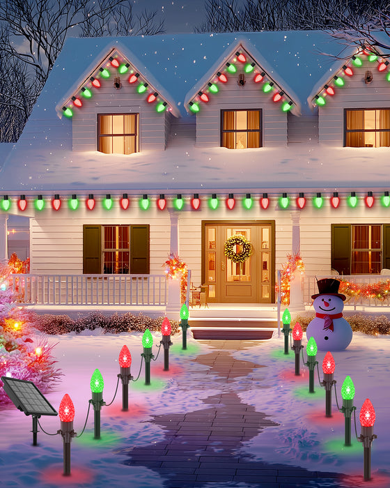 2-in-1 Solar C9 LED Christmas Lights 50FT 25 LED with Ground Stakes & Hanging Design