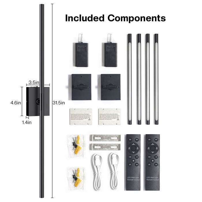 31.5" Wall Sconces Lights with Rechargeable Battery 360° Rotation 2-Pack
