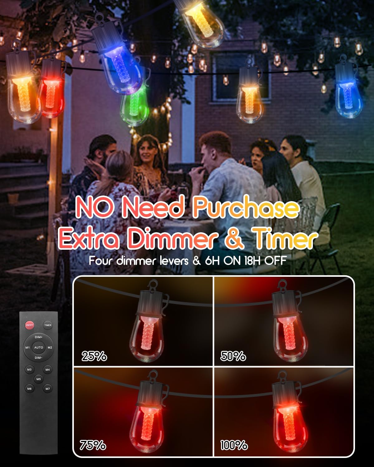 100FT Outdoor String Lights with Remote - Warm White and Color Changing Patio Lights