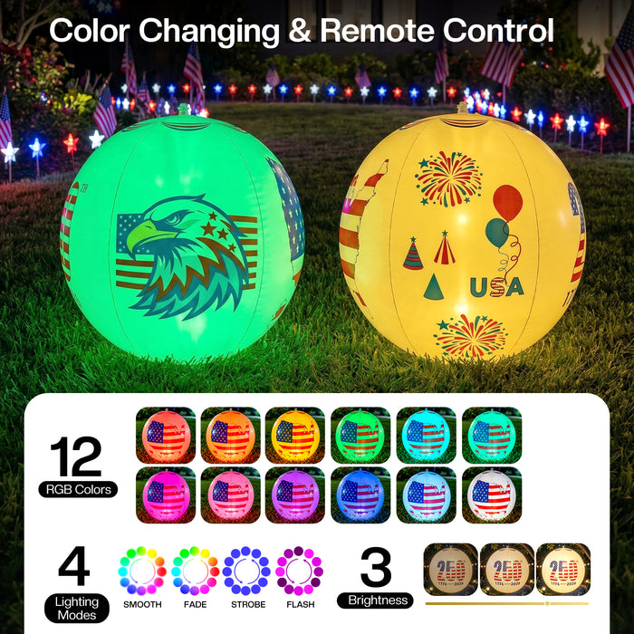 America 250th Anniversary 16 inch Inflatable Patriotic Glow Globe Solar RGBW Lights 4th of July Decor 2-Pack