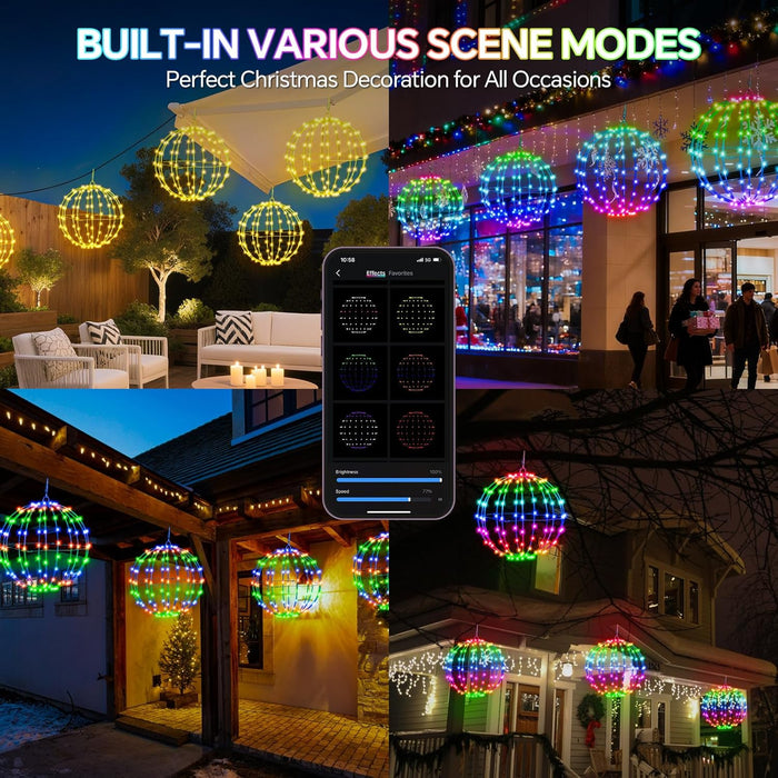 Smart LED Christmas Ball Lights, 12 Inch 108 LED Foldable Color Changing Sphere Lights with App & Remote Control, Waterproof Hanging Light Balls Outdoor for Holiday Patio Tree Decor