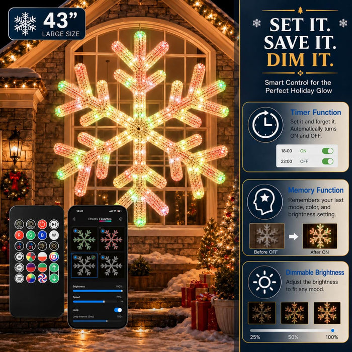 43" 2.5D Huge Snowflake Decoration with Smart Programmable RGB Multicolor Changing Lights App-controlled