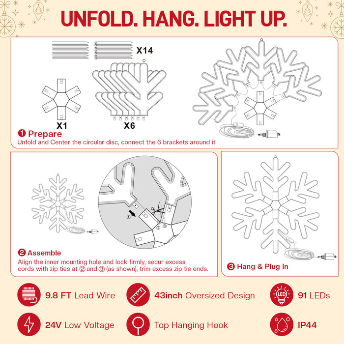 43" 2.5D Huge Snowflake Decoration with Smart Programmable RGB Multicolor Changing Lights App-controlled