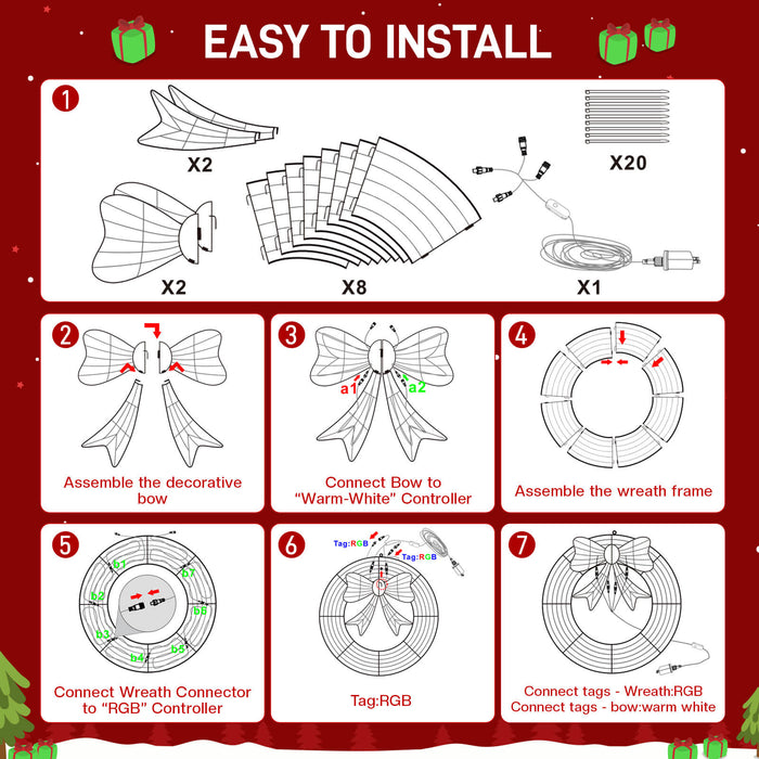 44" Pre-Lit Outdoor Christmas Wreath Bow Set Decoration with Smart Programmable RGB/Warm LED Metal Holiday Decor for Home