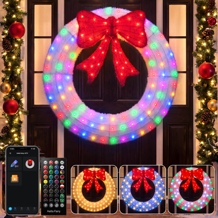 44" Pre-Lit Outdoor Christmas Wreath Bow Set Decoration with Smart Programmable RGB/Warm LED Metal Holiday Decor for Home