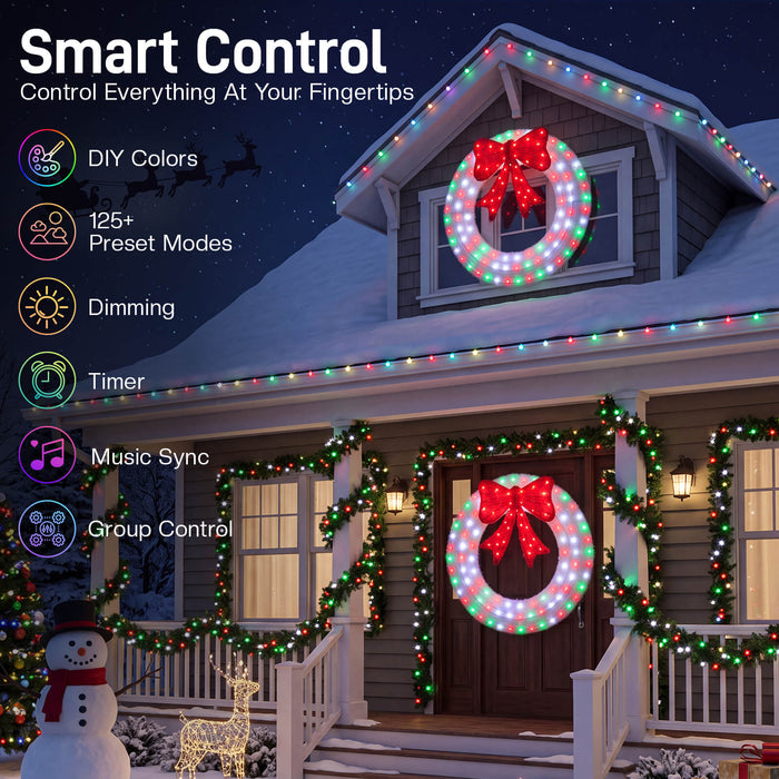 44" Pre-Lit Outdoor Christmas Wreath Bow Set Decoration with Smart Programmable RGB/Warm LED Metal Holiday Decor for Home