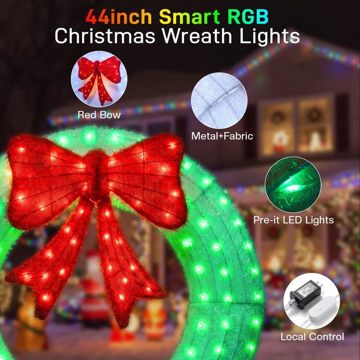 44" Pre-Lit Outdoor Christmas Wreath Bow Set Decoration with Smart Programmable RGB/Warm LED Metal Holiday Decor for Home