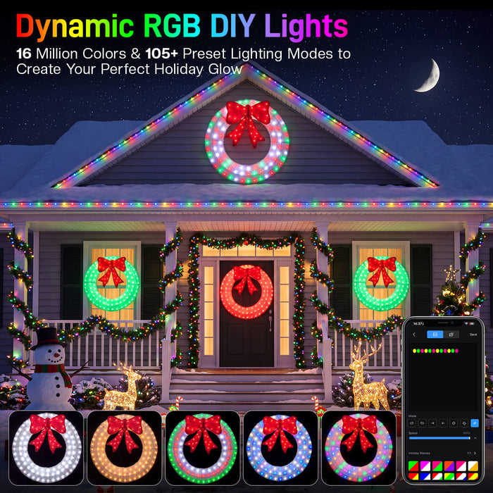 44" Pre-Lit Outdoor Christmas Wreath Bow Set Decoration with Smart Programmable RGB/Warm LED Metal Holiday Decor for Home