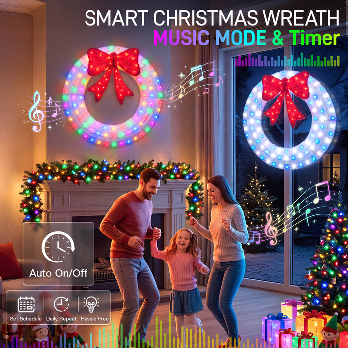 44" Pre-Lit Outdoor Christmas Wreath Bow Set Decoration with Smart Programmable RGB/Warm LED Metal Holiday Decor for Home