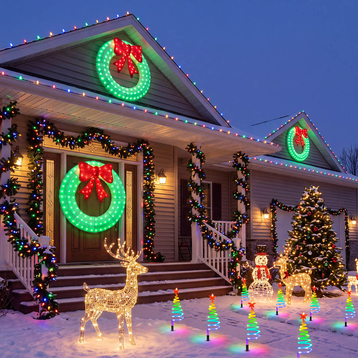 44" Pre-Lit Outdoor Christmas Wreath Bow Set Decoration with Smart Programmable RGB/Warm LED Metal Holiday Decor for Home