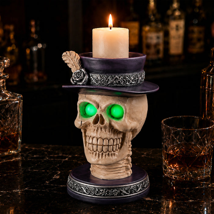 Halloween Skull Candle Holder with Glowing Green Eyes, Gothic Skeleton Head Statue with Feather Top Hat, Spooky Tabletop Decor