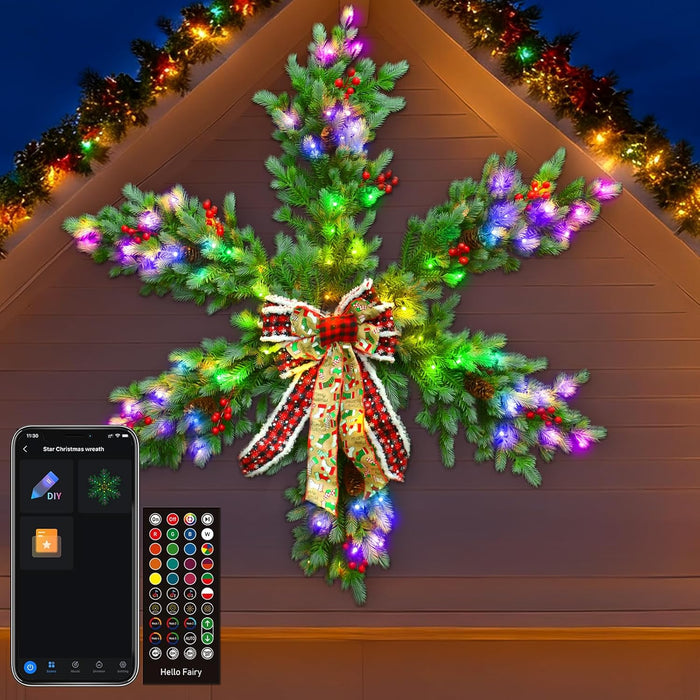 4ft/48in Pre-lit Artificial Christmas Hanging Snowflake Star Wreath with Programmable RGB Fairy Lights