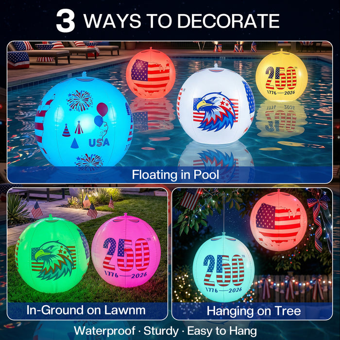 America 250th Anniversary 16 inch Inflatable Patriotic Glow Globe Solar RGBW Lights 4th of July Decor 2-Pack
