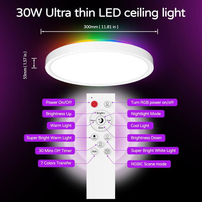 Dimmable RGB Smart Wi-Fi Ceiling Light - 30W 12inch