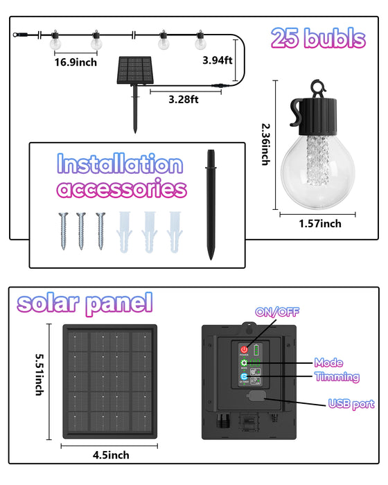 Outdoor G40 Solar String Lights Patio Lights with RGB Warm White 50ft 30Bulbs 8 Light Modes