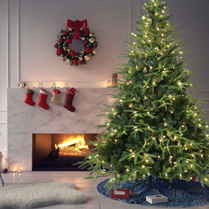 6.5ft Pre-Lit Artificial Christmas Tree with 450 Warm White Incandescent Lights, 2225 Tips, PE+PVC Hinged Pine with Partial Memory Wire Branches, Foldable Metal Stand for Holiday Decoration