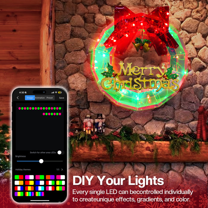 12" Smart Pre-lit Smart Christmas Wreath with Programmable RGB Color Changing Lights App-controlled