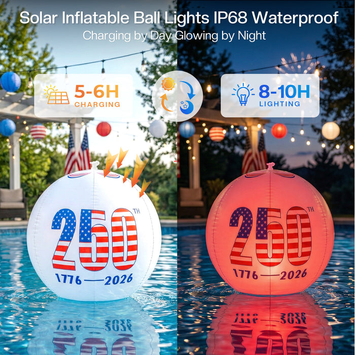 America 250th Anniversary 16 inch Inflatable Patriotic Glow Globe Solar RGBW Lights 4th of July Decor 2-Pack