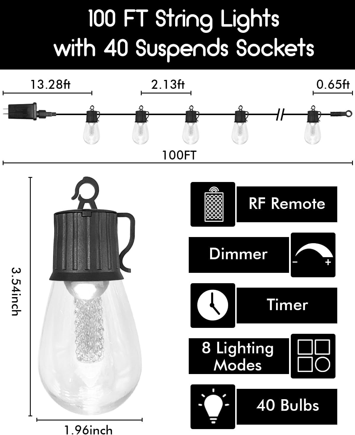 100FT Outdoor String Lights with Remote - Warm White and Color Changing Patio Lights