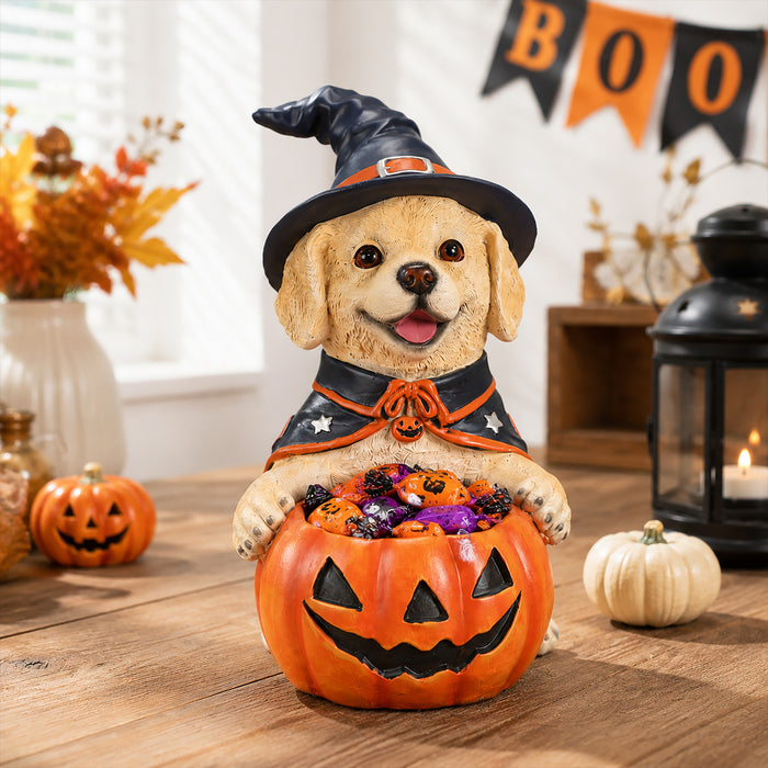 Halloween Labrador Retriever Witch Puppy Figurine, Cute Dog Holding Pumpkin Candy Bowl Decoration
