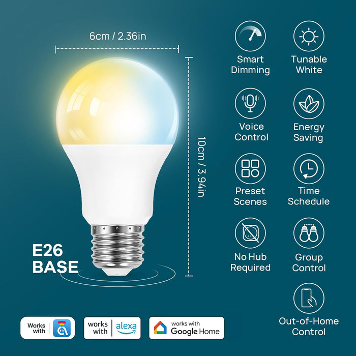E26 A19 Smart Light Bulbs Warm White Cool White Color 9W - 4 Pack