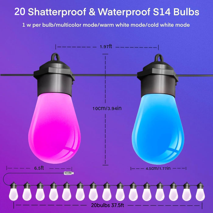 S14 Smart Outdoor String Lights 20 RGB LED Edison Bulbs 50FT/15M