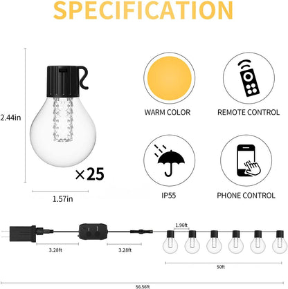 50FT G40 Outdoor String Lights with Dimmer App Control