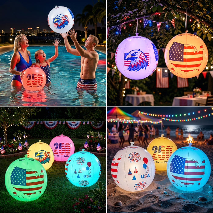 America 250th Anniversary 16 inch Inflatable Patriotic Glow Globe Solar RGBW Lights 4th of July Decor 2-Pack