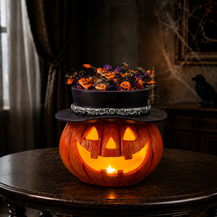 Halloween Pumpkin Candy Bowl with Witch Hat, Light Up Jack O Lantern Decoration, Spooky Tabletop Storage Container for Home Party Decor