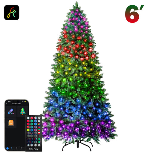 6-foot Christmas tree with colorful lights and a smartphone app interface on a white background