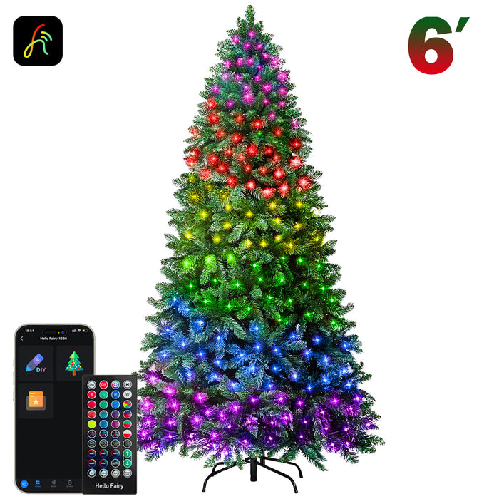 6-foot Christmas tree with colorful lights and a smartphone app interface on a white background