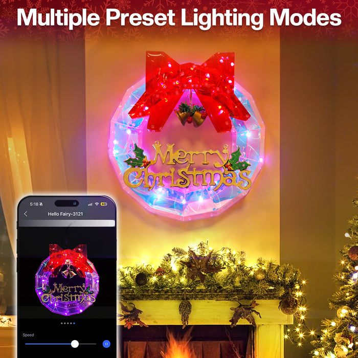 12" Smart Pre-lit Smart Christmas Wreath with Programmable RGB Color Changing Lights App-controlled