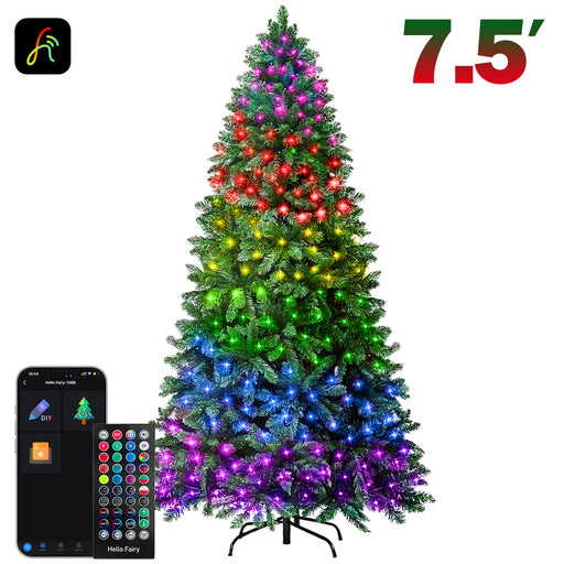 7.5-foot Christmas tree with colorful lights and a smartphone app interface on a white background.
