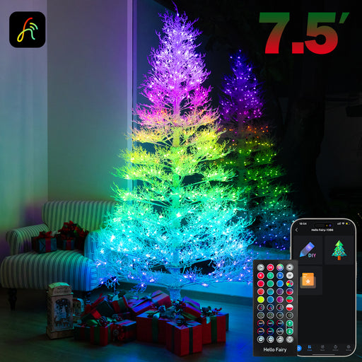 Colorful LED Christmas tree with remote control and smartphone app in a living room setting.