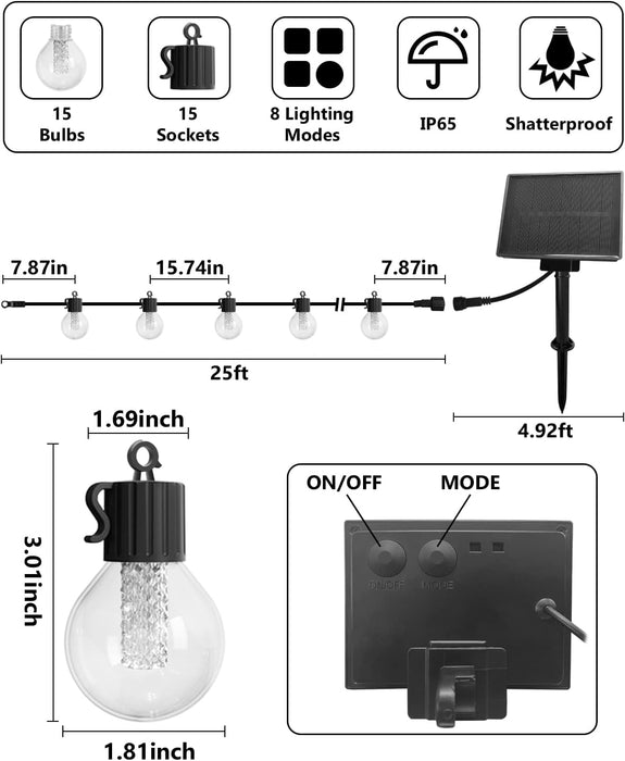 Solar String Lights for Outside 25ft Warm Cool Tunable Solar LED Outdoor Lights