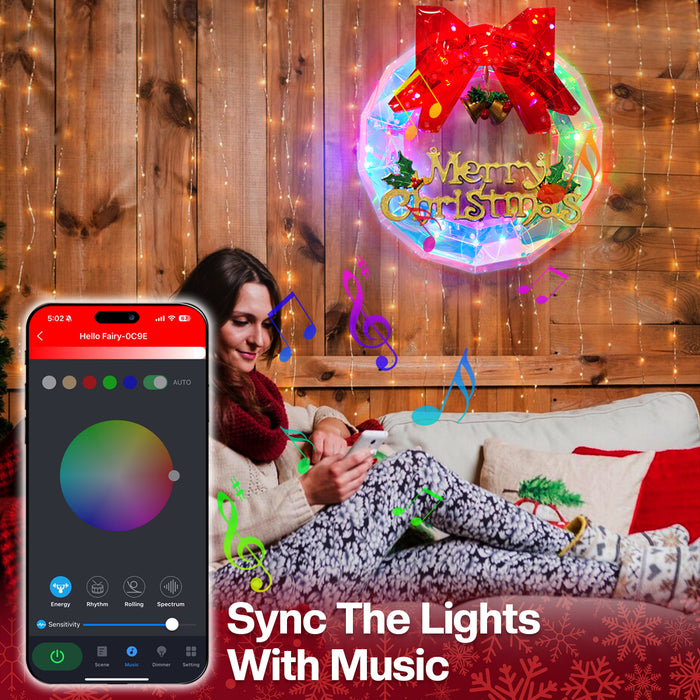 12" Smart Pre-lit Smart Christmas Wreath with Programmable RGB Color Changing Lights App-controlled