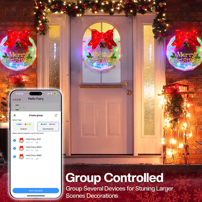 12" Smart Pre-lit Smart Christmas Wreath with Programmable RGB Color Changing Lights App-controlled