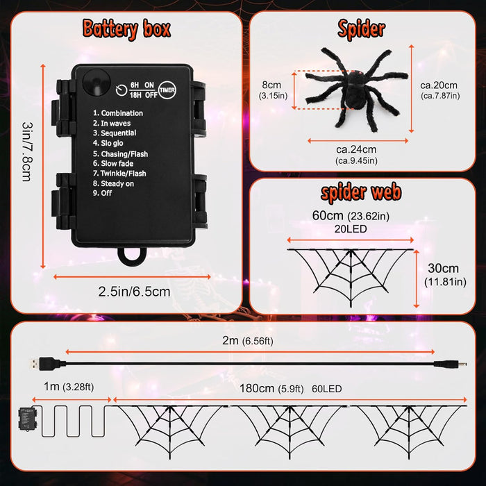 Halloween Decorations Spider Web Lights 6FT 60LED