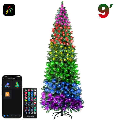 9-foot Christmas tree with colorful lights and remote control on a white background