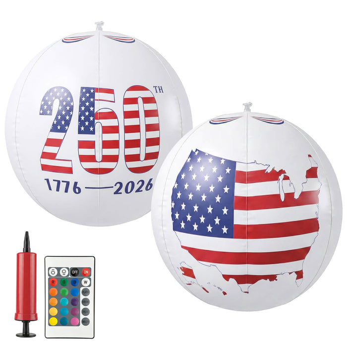 America 250th Anniversary 16 inch Inflatable Glow Globe Solar RGBW Lights 2-Pack