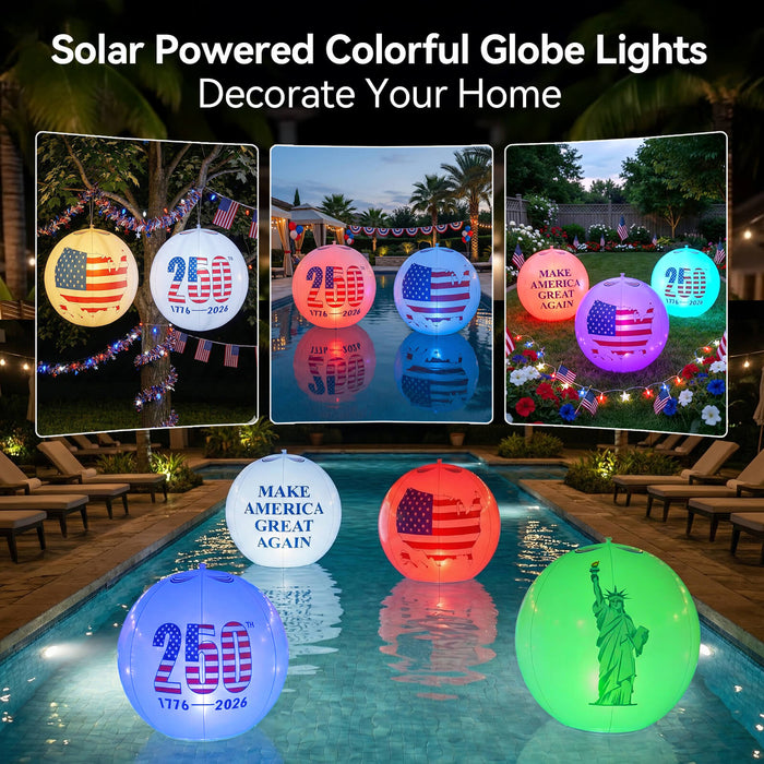 America 250th Anniversary 16 inch Inflatable Glow Globe Solar RGBW Lights 2-Pack