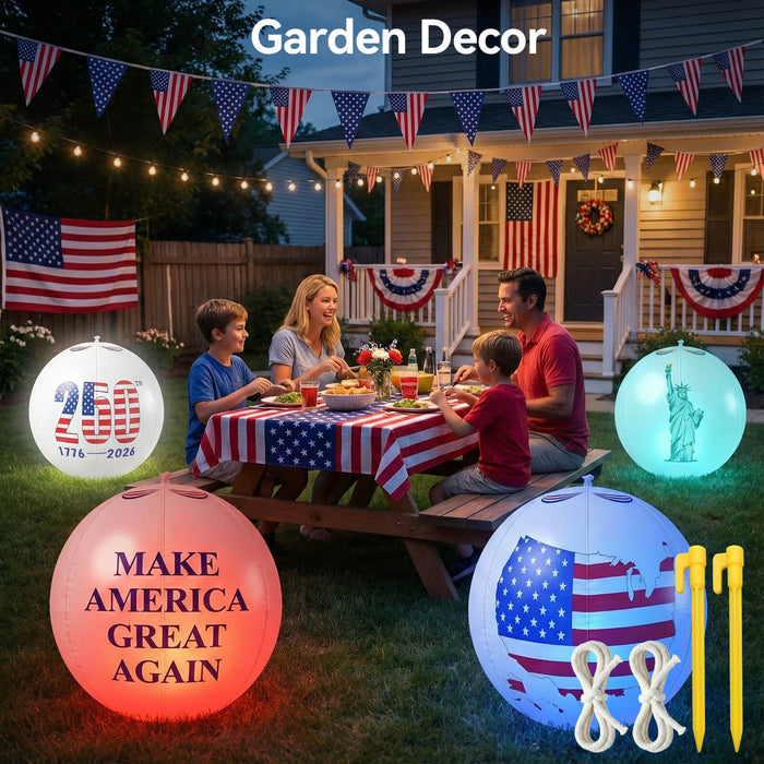 America 250th Anniversary 16 inch Inflatable Glow Globe Solar RGBW Lights 2-Pack